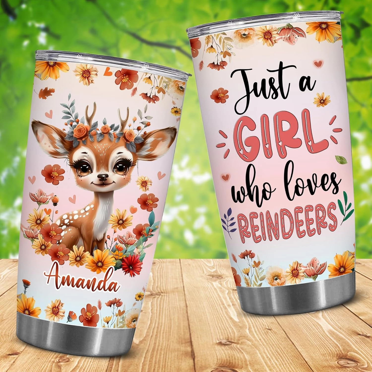 Personalized Cute Reindeer Cup - Mother's Day Birthday Gift For Animal Lovers - Just A Girl Who Loves Reindeer Tumbler With Custom Name - Pet Lover Gifts For Women, Her