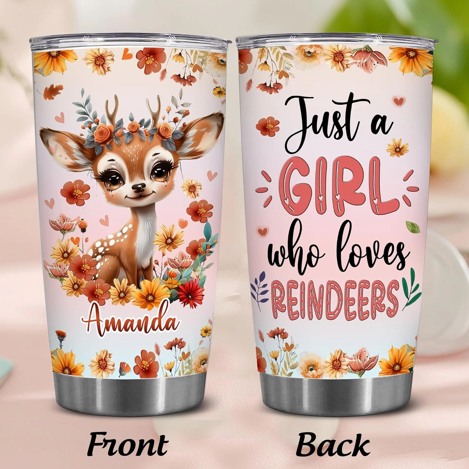 Personalized Cute Reindeer Cup - Mother's Day Birthday Gift For Animal Lovers - Just A Girl Who Loves Reindeer Tumbler With Custom Name - Pet Lover Gifts For Women, Her