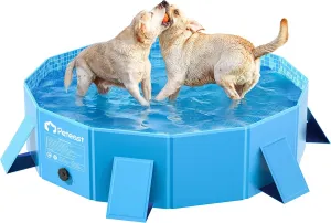 Peteast Foldable Dog Kiddie Pool with Stable Side Support, Hard Plastic Shell Portable Dog Pool, Collapsible Swimming Pools for Pet and Kids, 48 in