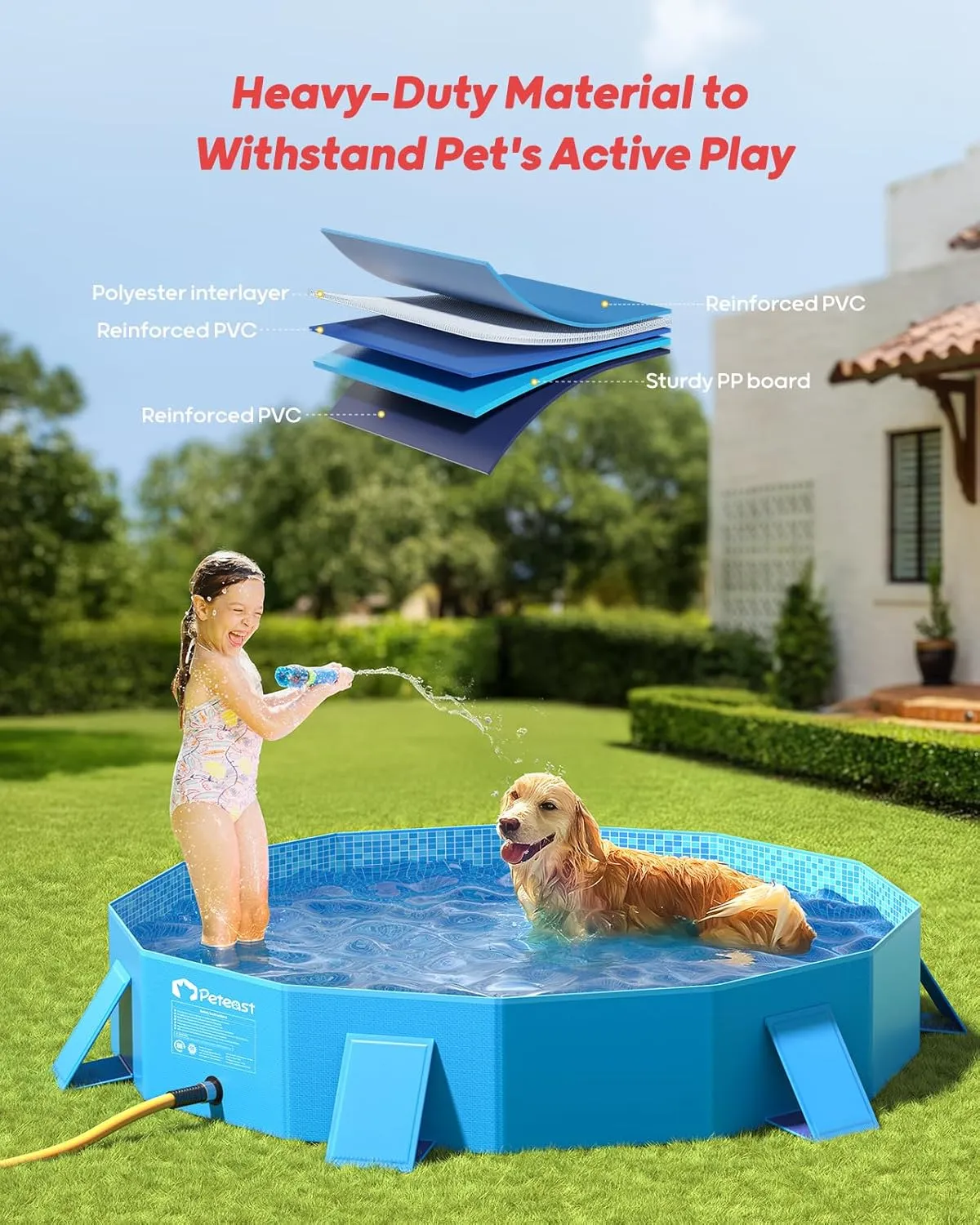 Peteast Foldable Dog Kiddie Pool with Stable Side Support, Hard Plastic Shell Portable Dog Pool, Collapsible Swimming Pools for Pet and Kids, 48 in