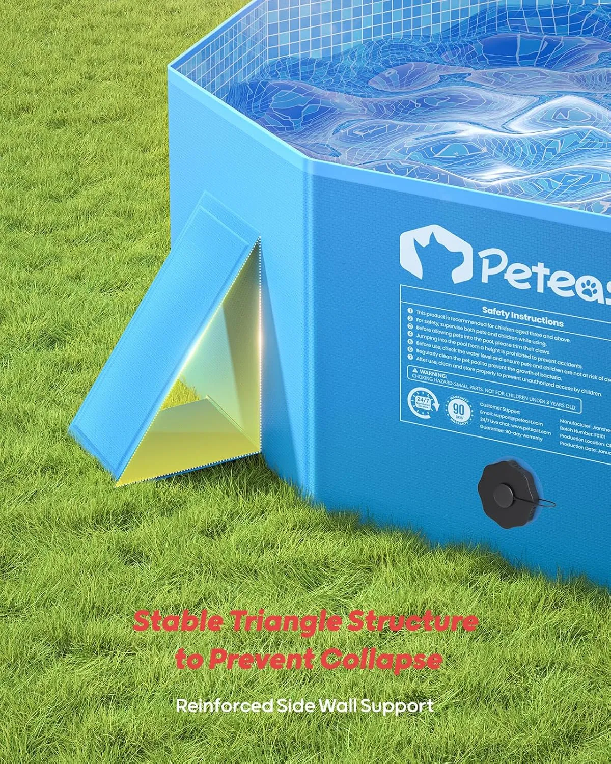 Peteast Foldable Dog Kiddie Pool with Stable Side Support, Hard Plastic Shell Portable Dog Pool, Collapsible Swimming Pools for Pet and Kids, 48 in
