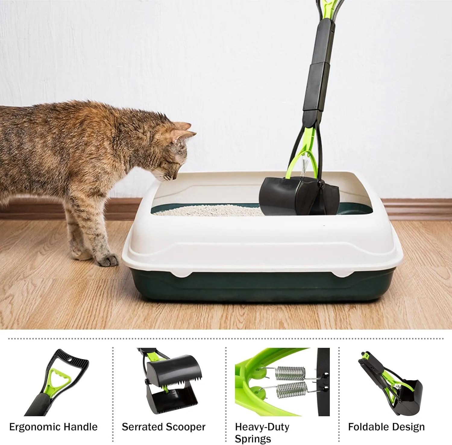 PETMAKER Pooper Scooper - Foldable Cat and Dog Poop Scoop with Ergonomic Handle - Enables One-Handed Use on Concrete, Grass, and Gravel (Green)