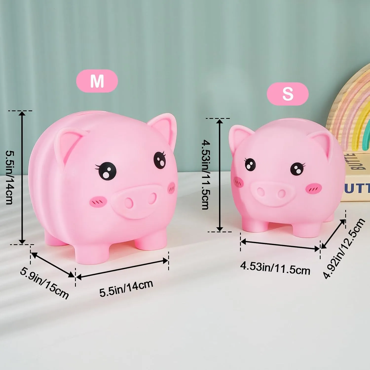 Piggy Bank for Girls Large Unicorn Piggy Banks with Necklace Bracelet DIY Stickers Cute Coin Piggybank Unbreakable for Toddler Kids Christmas Birthday Gifts, Pink with Rainbow Dress, M