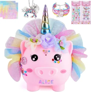 Piggy Bank for Girls Large Unicorn Piggy Banks with Necklace Bracelet DIY Stickers Cute Coin Piggybank Unbreakable for Toddler Kids Christmas Birthday Gifts, Pink with Rainbow Dress, M