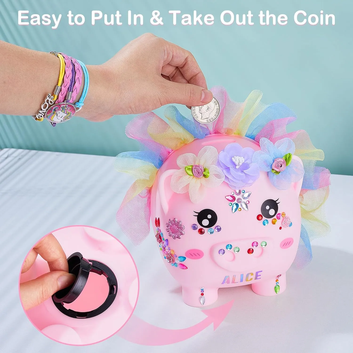 Piggy Bank for Girls Large Unicorn Piggy Banks with Necklace Bracelet DIY Stickers Cute Coin Piggybank Unbreakable for Toddler Kids Christmas Birthday Gifts, Pink with Rainbow Dress, M