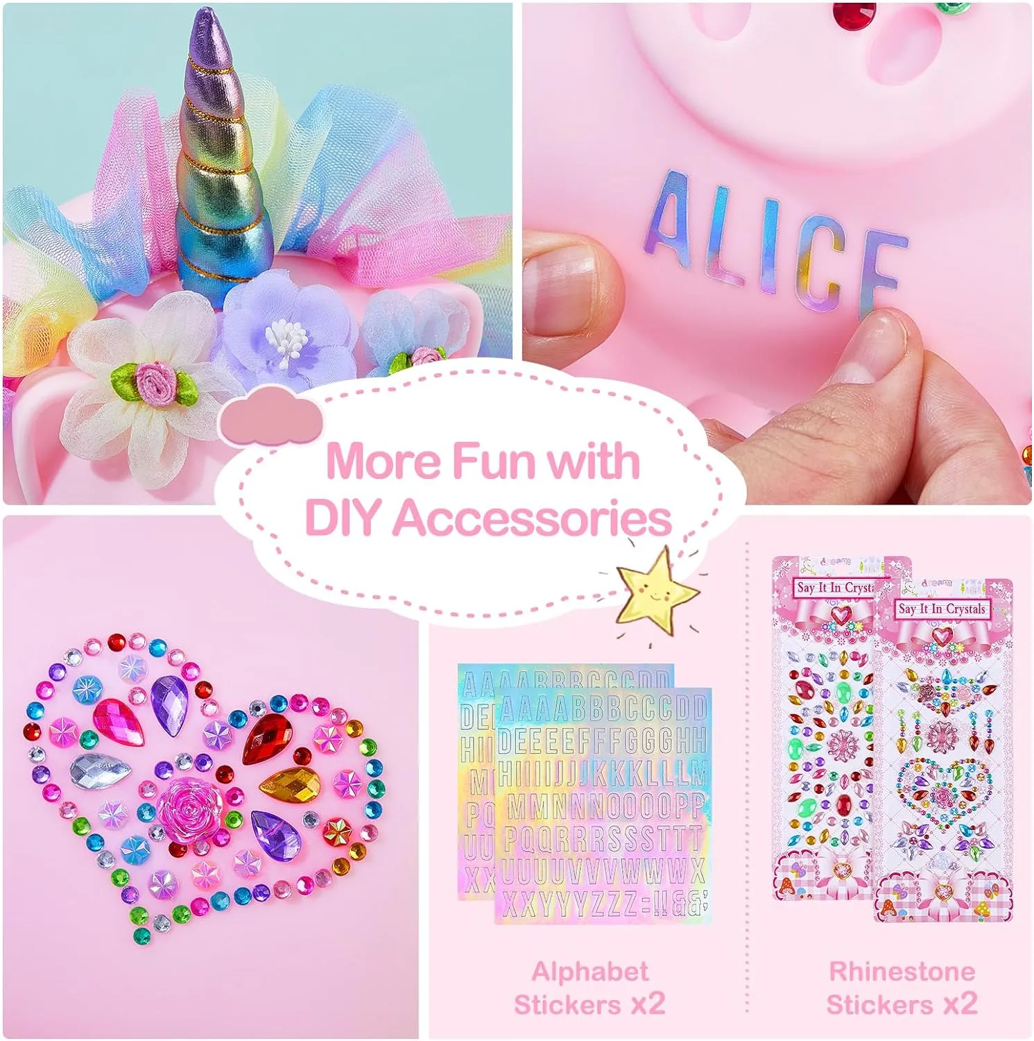 Piggy Bank for Girls Large Unicorn Piggy Banks with Necklace Bracelet DIY Stickers Cute Coin Piggybank Unbreakable for Toddler Kids Christmas Birthday Gifts, Pink with Rainbow Dress, M