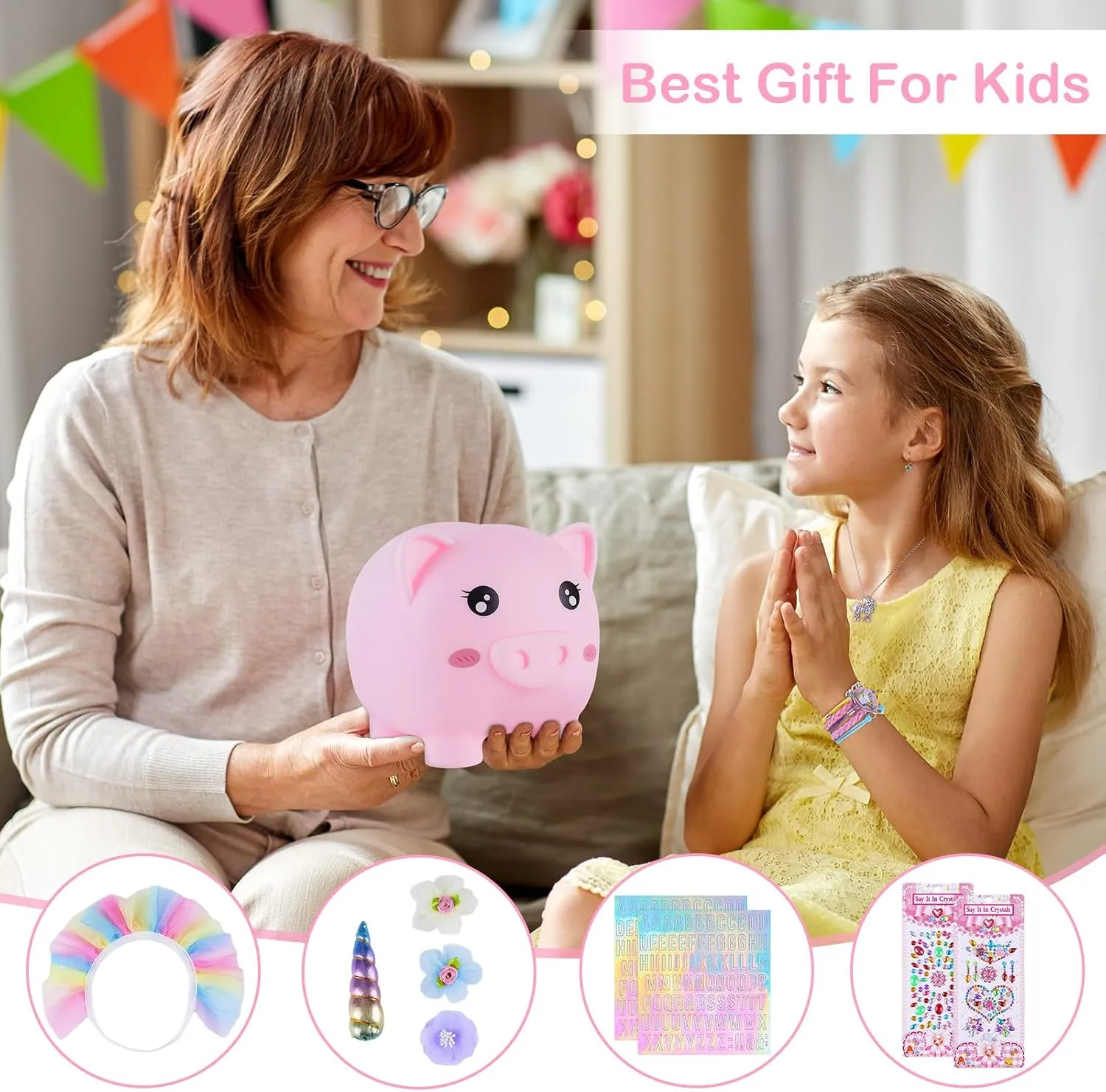 Piggy Bank for Girls Large Unicorn Piggy Banks with Necklace Bracelet DIY Stickers Cute Coin Piggybank Unbreakable for Toddler Kids Christmas Birthday Gifts, Pink with Rainbow Dress, M