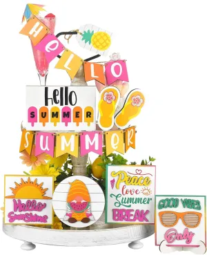 Pinkunn 19 Pcs Hawaii Summer Tiered Tray Decor Beach Tiered Tray Decor Kitchen Sign Rustic Wooden Sunshine Summer Decorations for Home Farmhouse Table Holiday Decorative Trays (Sunglasses Slippers)