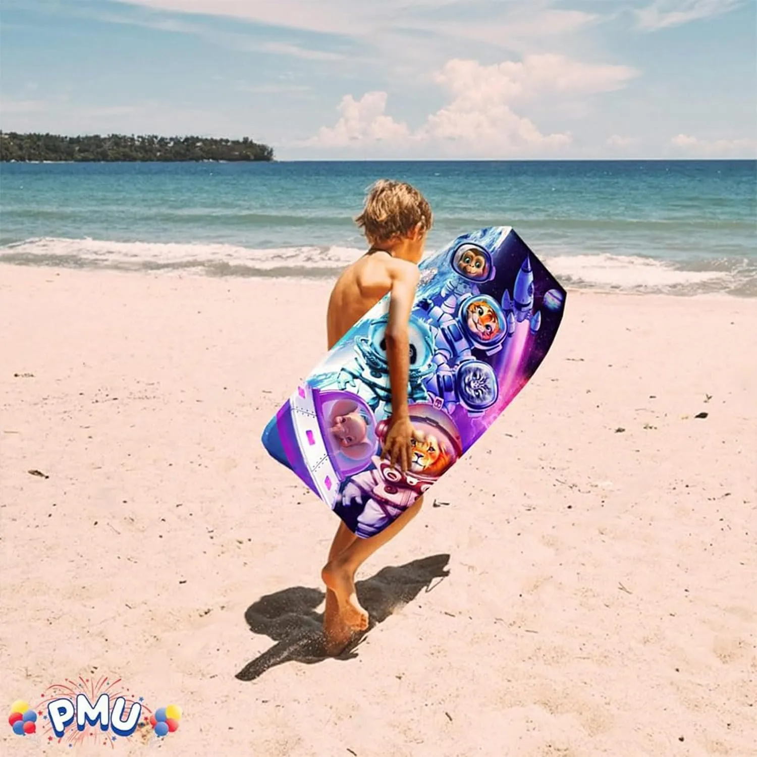 PMU 33 Inch Space Animals Printed Bodyboard - Lightweight Wrist Leash Slick Bottom Body Board for Beach, Sea & Pool - Surfing Board for Kids, Teens & Adults Wave Conditions Pkg/1