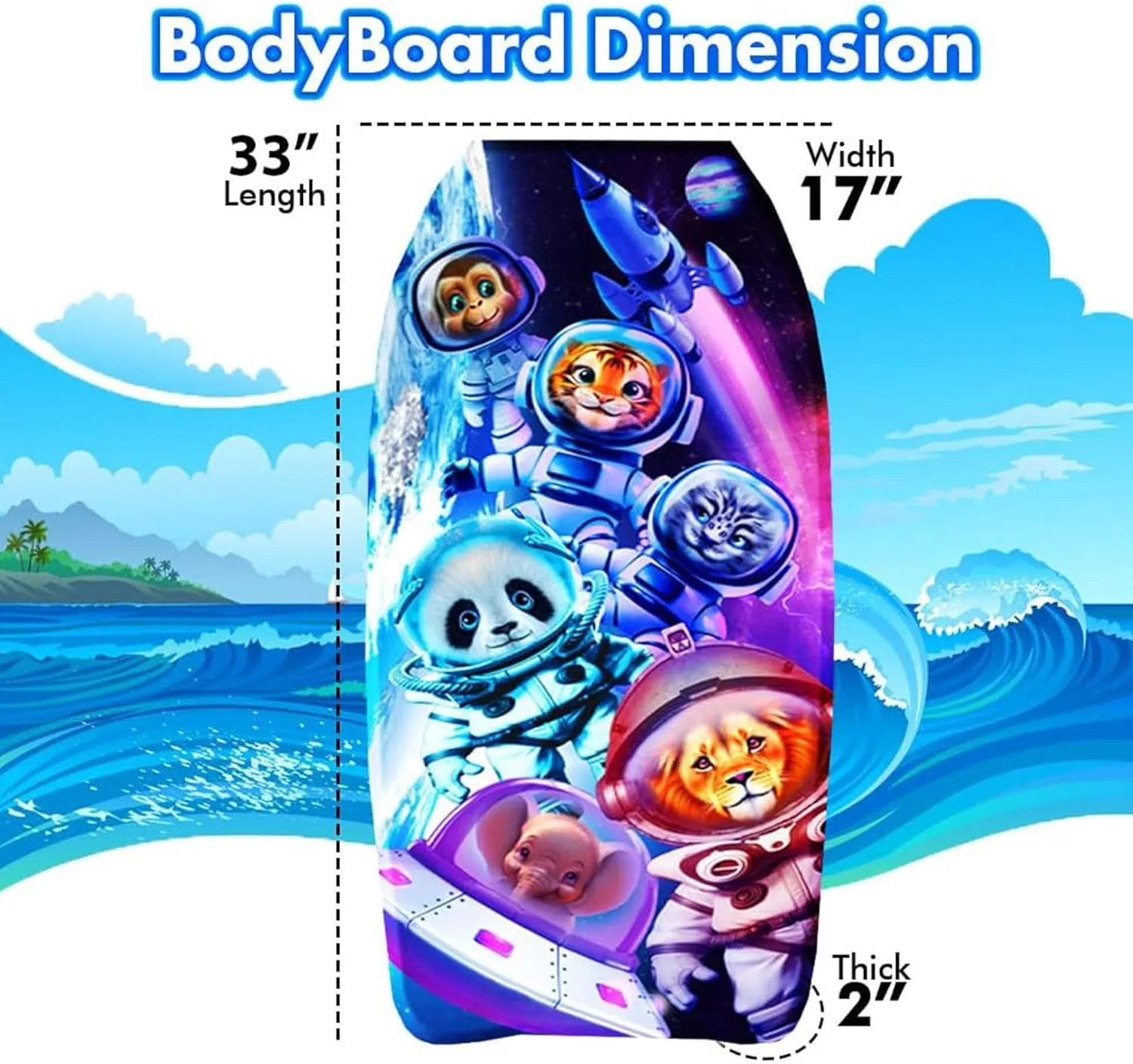 PMU 33 Inch Space Animals Printed Bodyboard - Lightweight Wrist Leash Slick Bottom Body Board for Beach, Sea & Pool - Surfing Board for Kids, Teens & Adults Wave Conditions Pkg/1