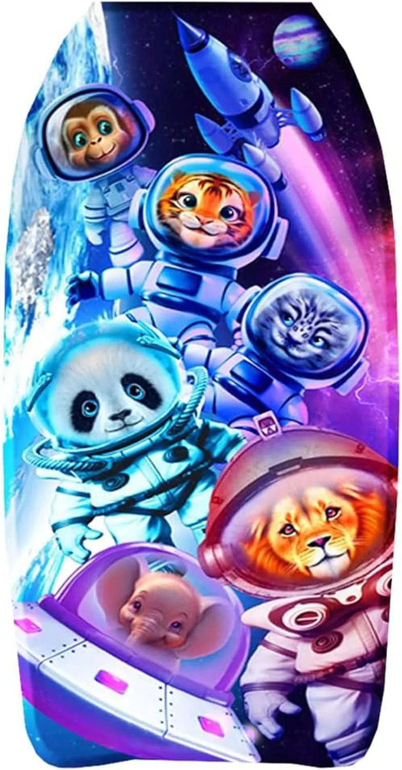 PMU 33 Inch Space Animals Printed Bodyboard - Lightweight Wrist Leash Slick Bottom Body Board for Beach, Sea & Pool - Surfing Board for Kids, Teens & Adults Wave Conditions Pkg/1