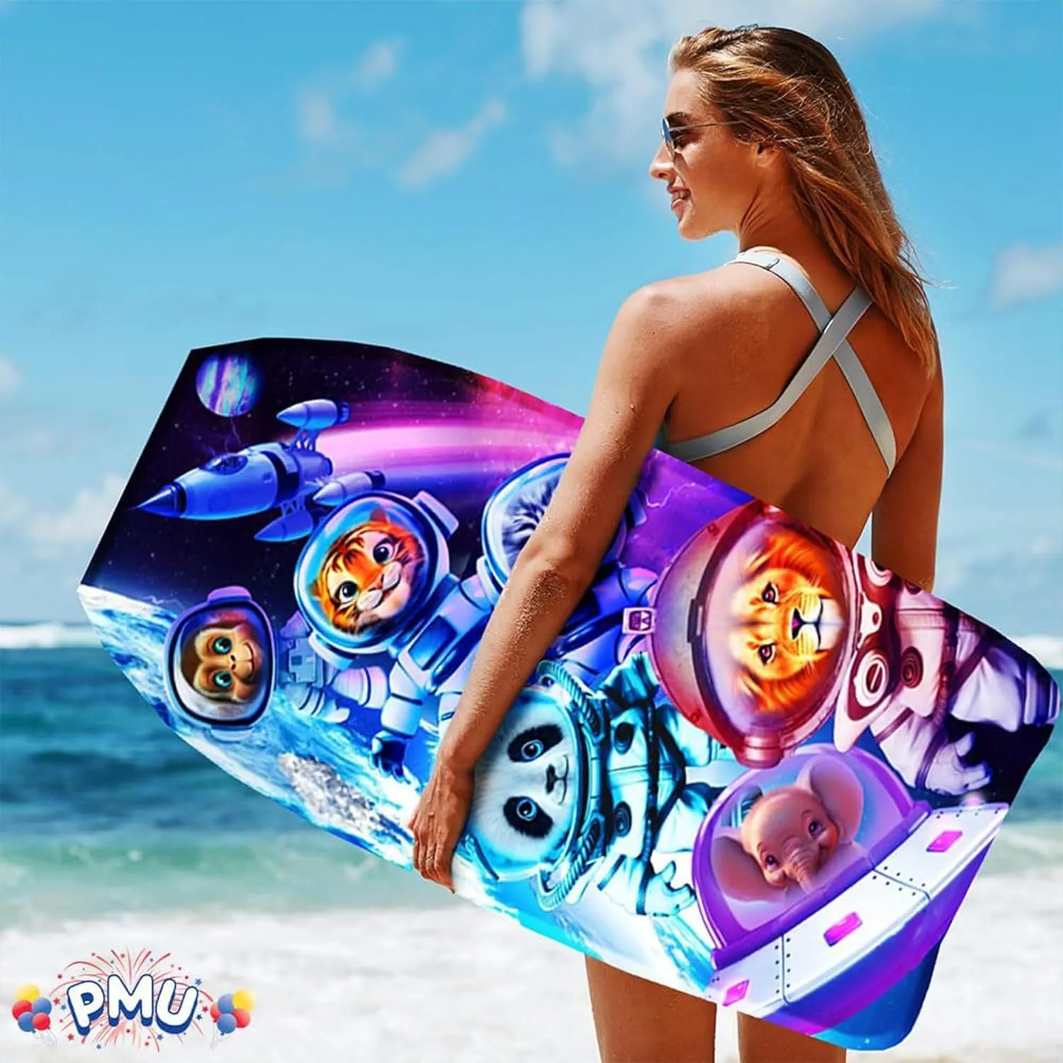 PMU 33 Inch Space Animals Printed Bodyboard - Lightweight Wrist Leash Slick Bottom Body Board for Beach, Sea & Pool - Surfing Board for Kids, Teens & Adults Wave Conditions Pkg/1