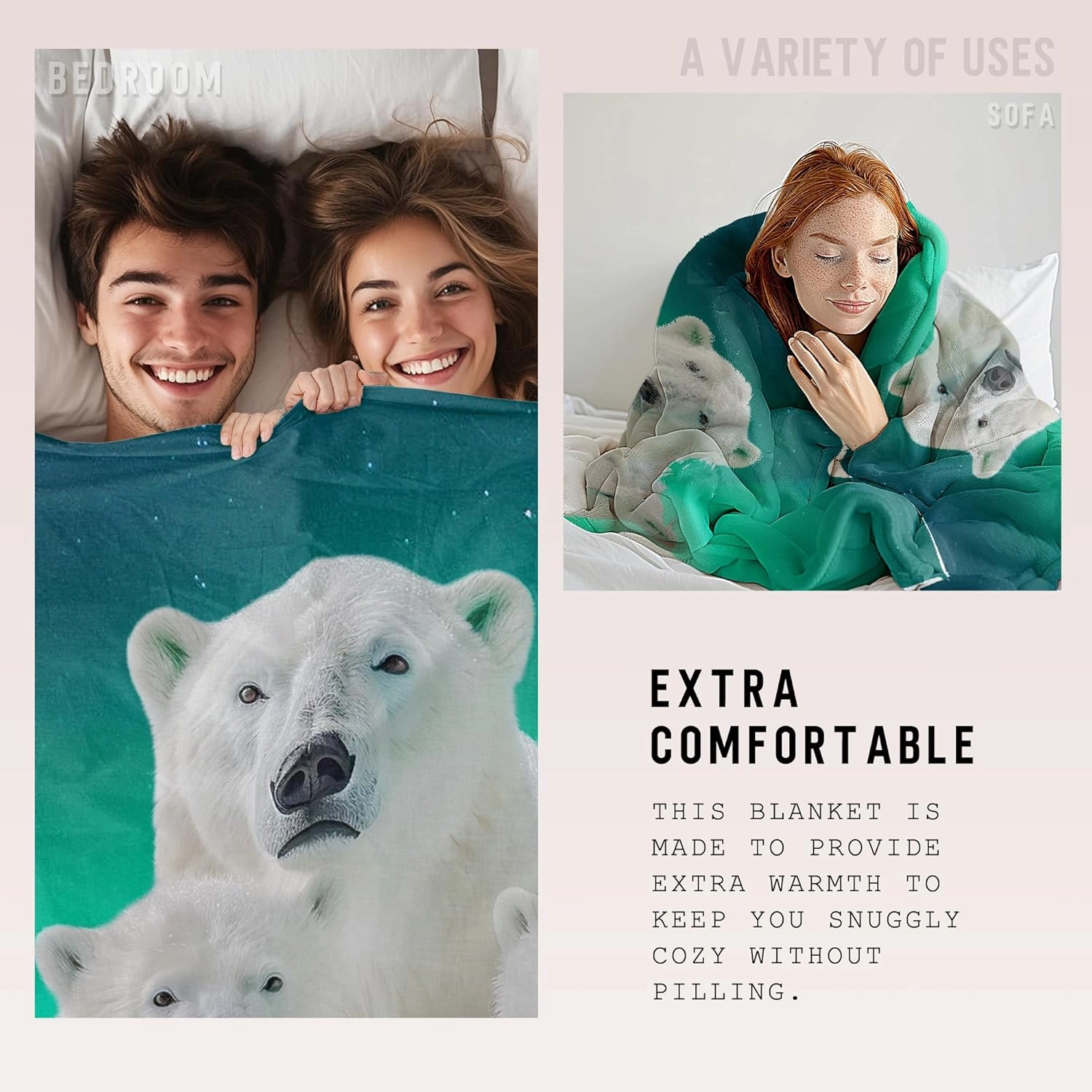Polar Bear Throw Blankets Cute Bears Blanket Cute Animal Winter Theme Fleece Flannel Soft Warm Fuzzy Lightweight Plush Blanket Decor Bed Sofa Gift 50"x40"
