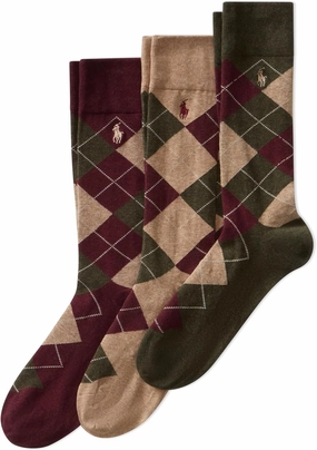Polo Ralph Lauren Men's Argyle Pattern Dress Crew Socks - 3 Pair Pack - Soft Lightweight Cotton Comfort