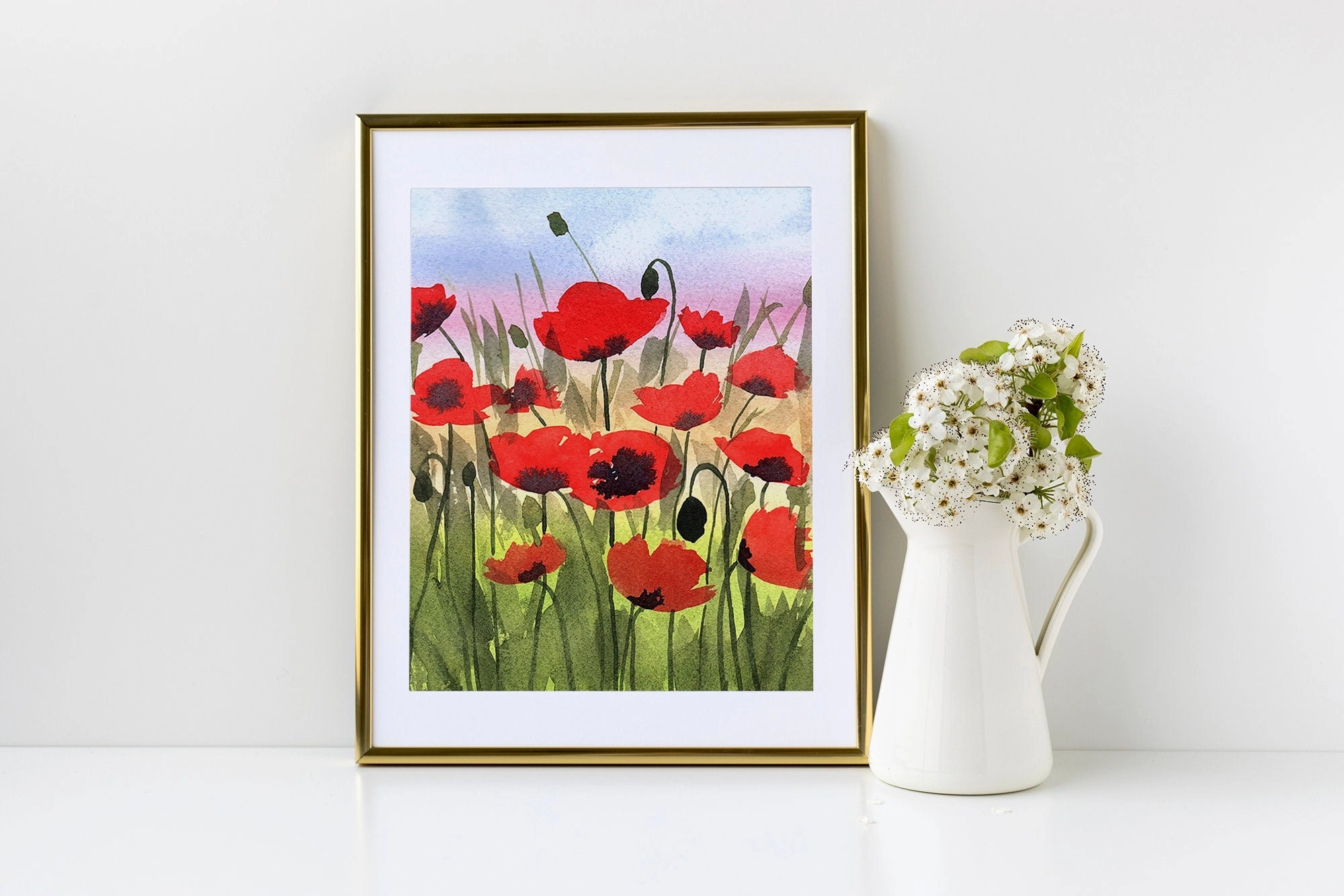 Poppies at Sunset - Reproduction, Fine Art Print, Giclee Print, Floral Landscape, Red Poppies, Flowers