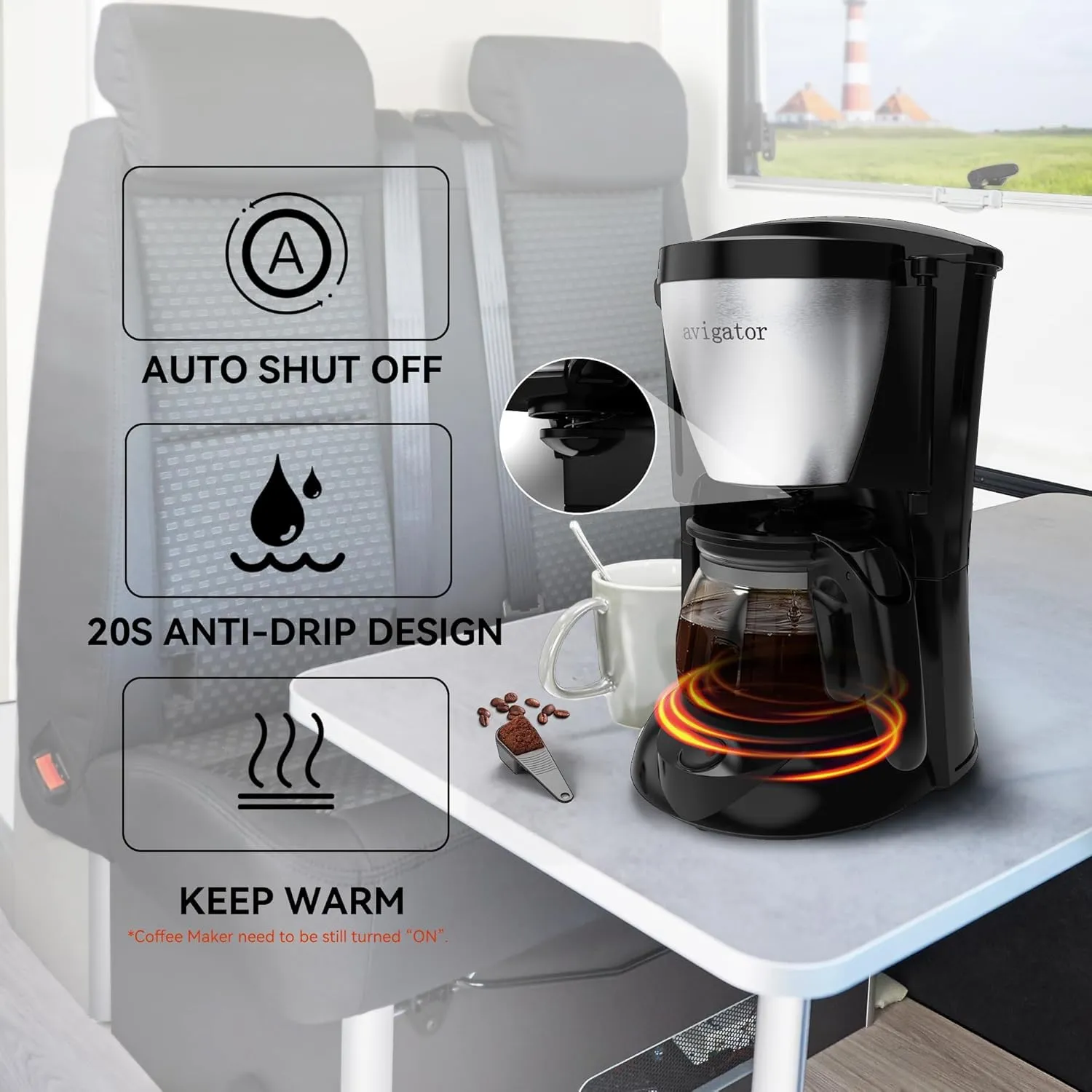 Portable Coffee Maker for Travel Camping Car, Ground Coffee Machine Single Serve with 5 Cup Glass Carafe for Traveling, RV, Office, Home and Dorm, 12V, Sliver Black