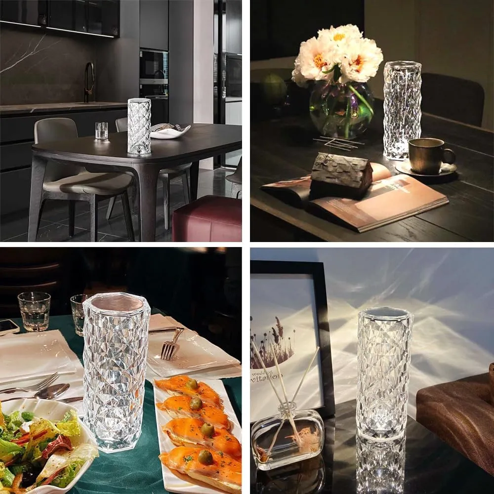 Portable Crystal Table Lamp, 3-Color Touch Control Rechargeable Night Light, Bedside & Desk Lamp for Bedroom, Living Room, Kitchen & Dining Room (3-Color Rose)
