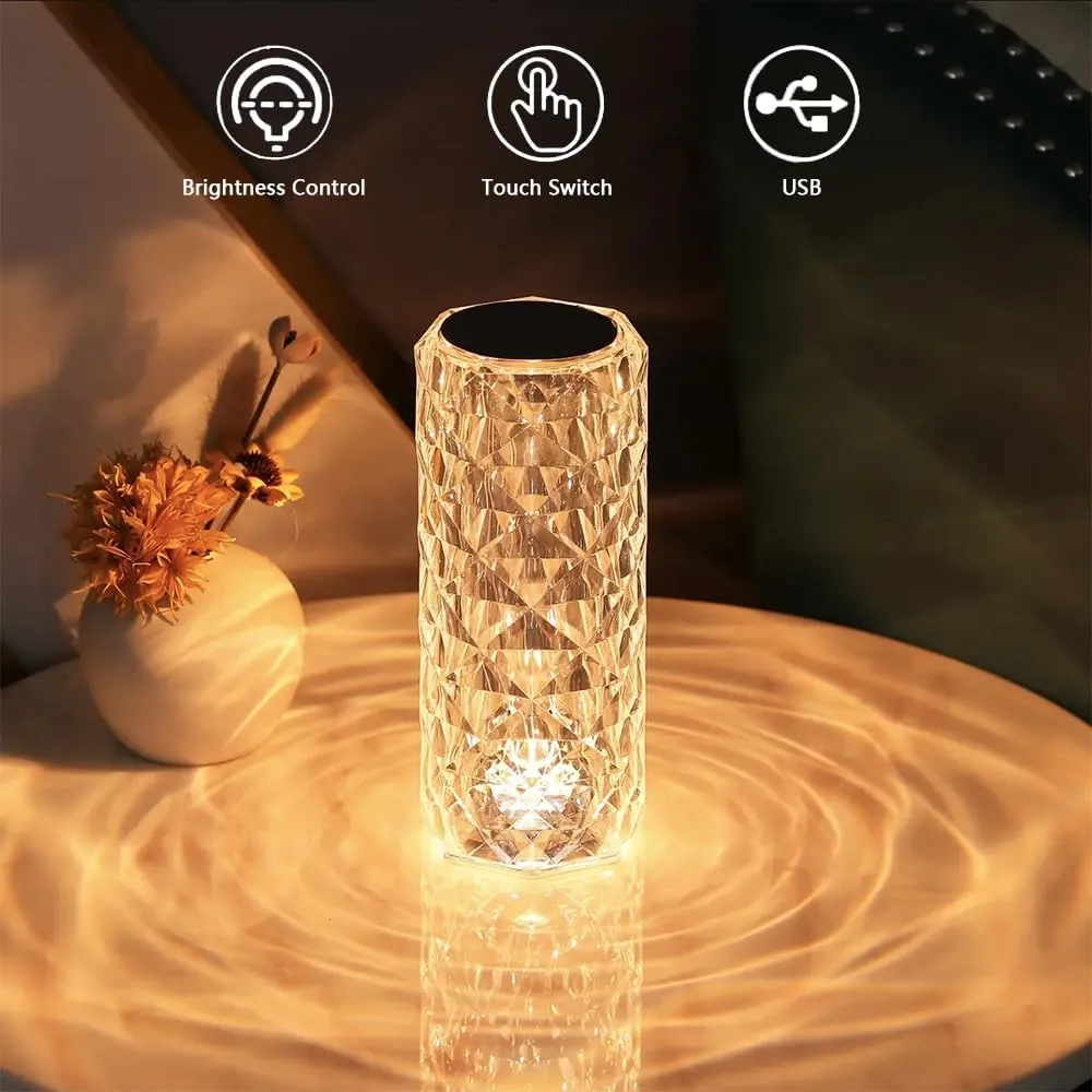 Portable Crystal Table Lamp, 3-Color Touch Control Rechargeable Night Light, Bedside & Desk Lamp for Bedroom, Living Room, Kitchen & Dining Room (3-Color Rose)