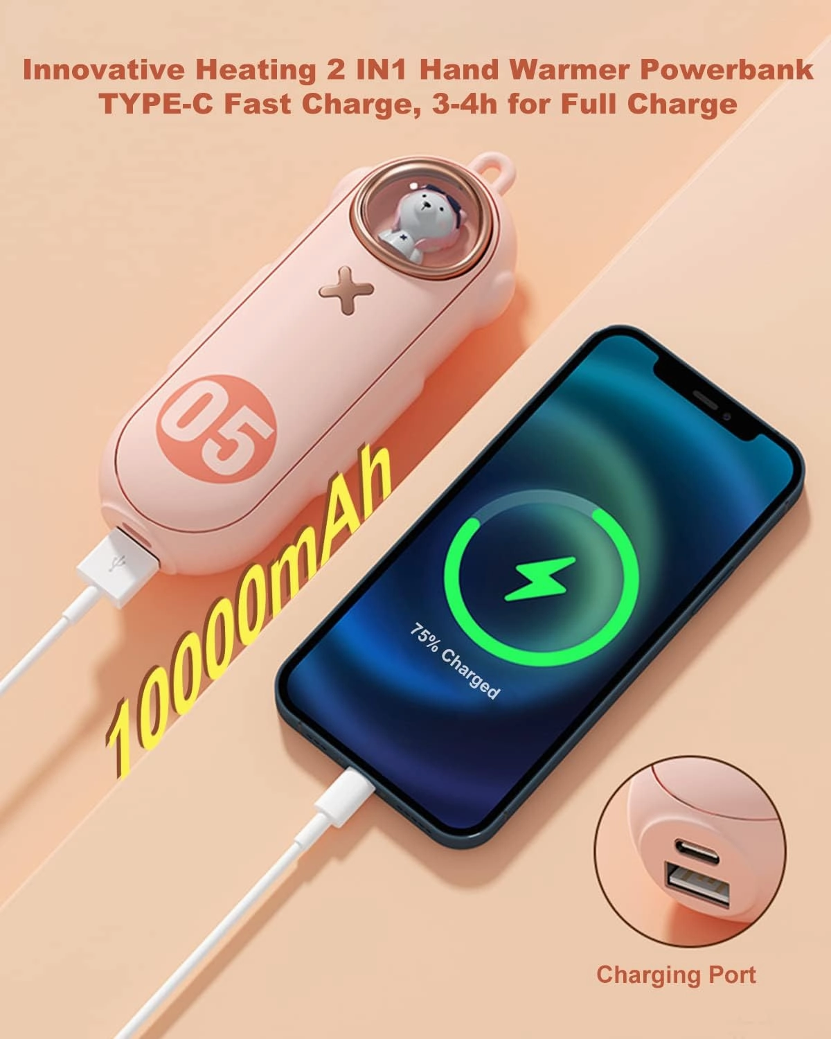 Portable Hand Warmer Electric Fast Warming Up Power Bank, 10000mAh Rechargeable Hand Warming 4 Heat Levels Double-Sided Heating, Cute Pocket USB Handwarmer for Outdoors Hunting Camping