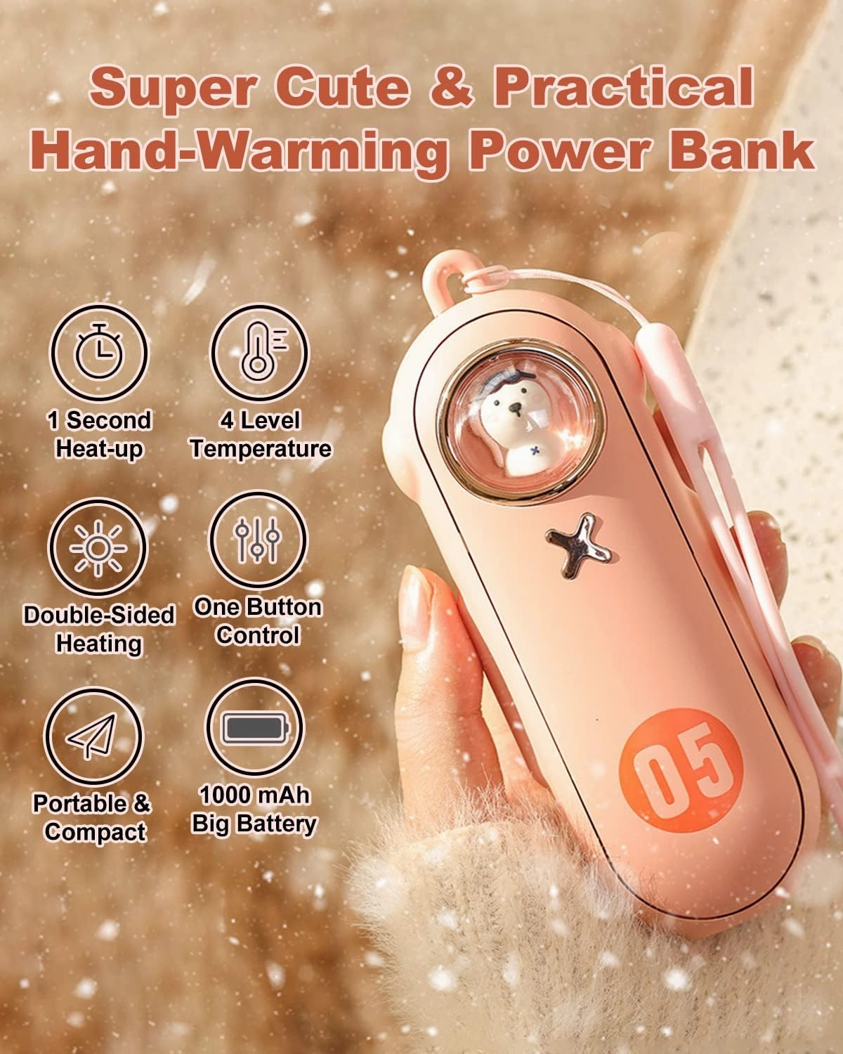 Portable Hand Warmer Electric Fast Warming Up Power Bank, 10000mAh Rechargeable Hand Warming 4 Heat Levels Double-Sided Heating, Cute Pocket USB Handwarmer for Outdoors Hunting Camping