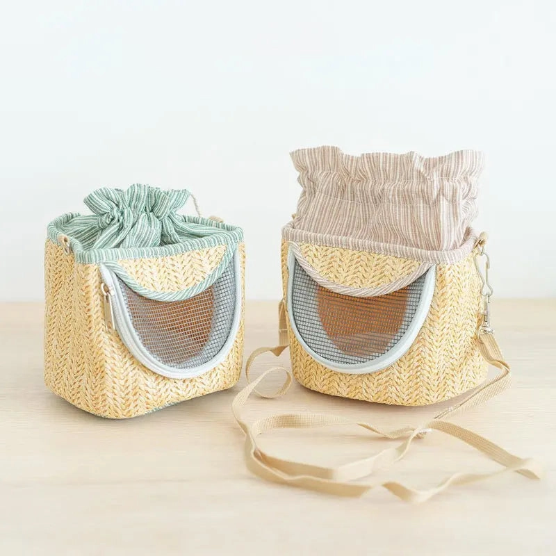 Portable Straw-Woven Parrot Backpack Cage