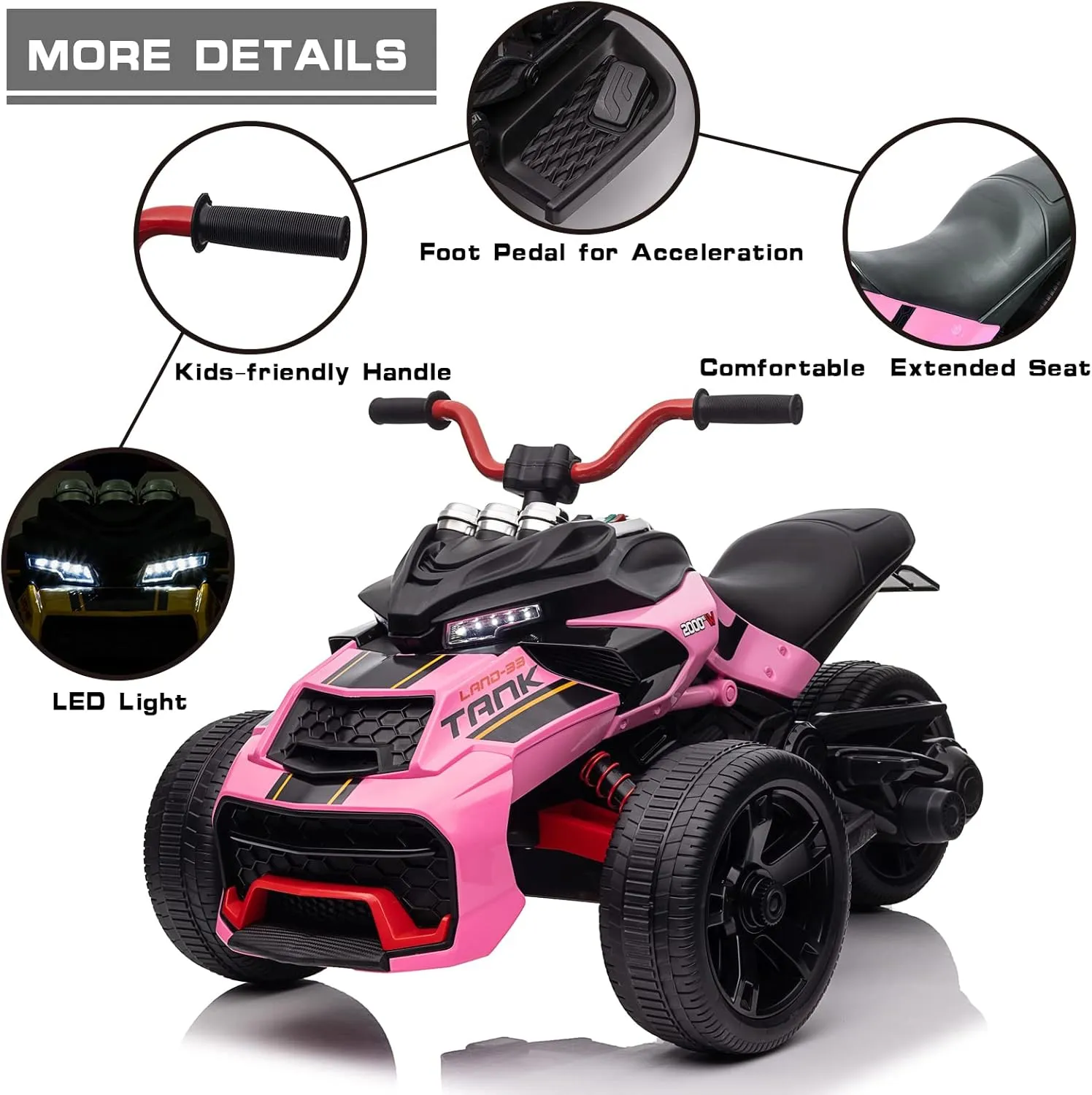 POSTACK 24V Kids Ride on Motorcycle, 3 Wheeler Ride On ATV for Boys Girls, Battery Powered Electric Vehicle for Toddlers with LED Lights, Music, Horn, Rose Pink