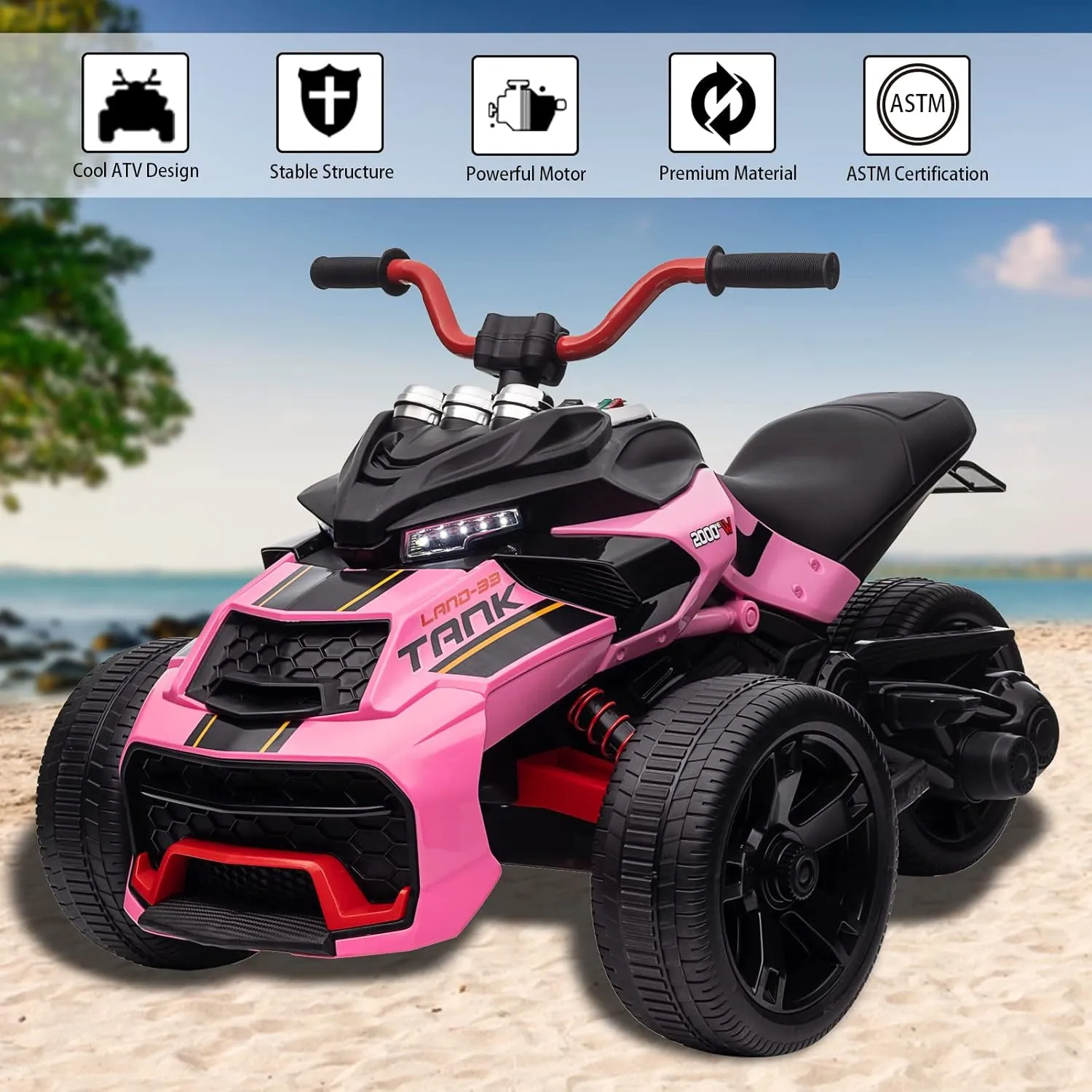 POSTACK 24V Kids Ride on Motorcycle, 3 Wheeler Ride On ATV for Boys Girls, Battery Powered Electric Vehicle for Toddlers with LED Lights, Music, Horn, Rose Pink