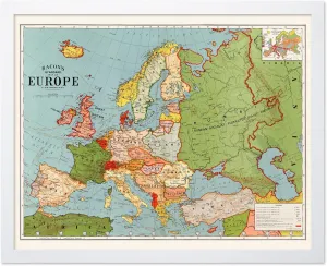 Poster Master Vintage Illustration Poster - Retro History Print - Gift for Artist, Friend - Bacon's Standard Map Of Europe, Time Zones, Colorful - Wall Decor for Home, Office, 11x14 White Framed