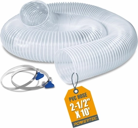 POWERTEC 2-1/2" x 10' PVC Dust Collection Hose w/ 2pcs Stainless Steel Key Hose Clamps for Table Saw, Band Saw, Router Table, Belt Sander, Woodworking and Wood Shop Dust Collection System (70241V)