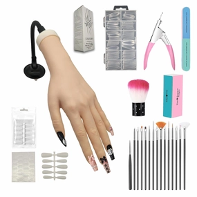Practice Hand Kit for Nail Art, Acrylic Nails Training Tools for Tattooed Nail Jewelry and Manicure Practice, 48 pes nail jelly gel, 40 Acrylic Nails, Clipper, File, 15 Brushes and 120 Tips