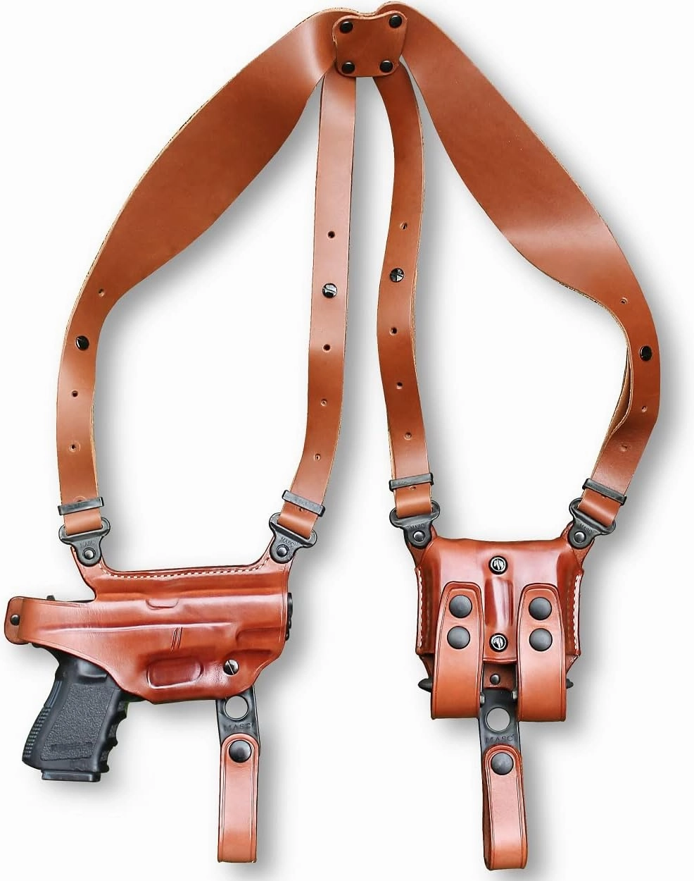Premium Leather Horizontal Shoulder Holster System with Double Magazine Carrier for CZ 75D PCR Compact 9mm 3.75” Barrel, Right Hand Draw, Brown Color #1308#