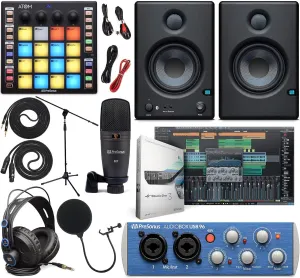 PreSonus AudioBox 96 Audio Interface (May Vary Blue or Black) Full Studio Bundle with Studio One Artist Software Pack, ATOM MIDI/Production Pad Controller, Eris 4.5 BT Pair 2-Way Bluetooth Monitors