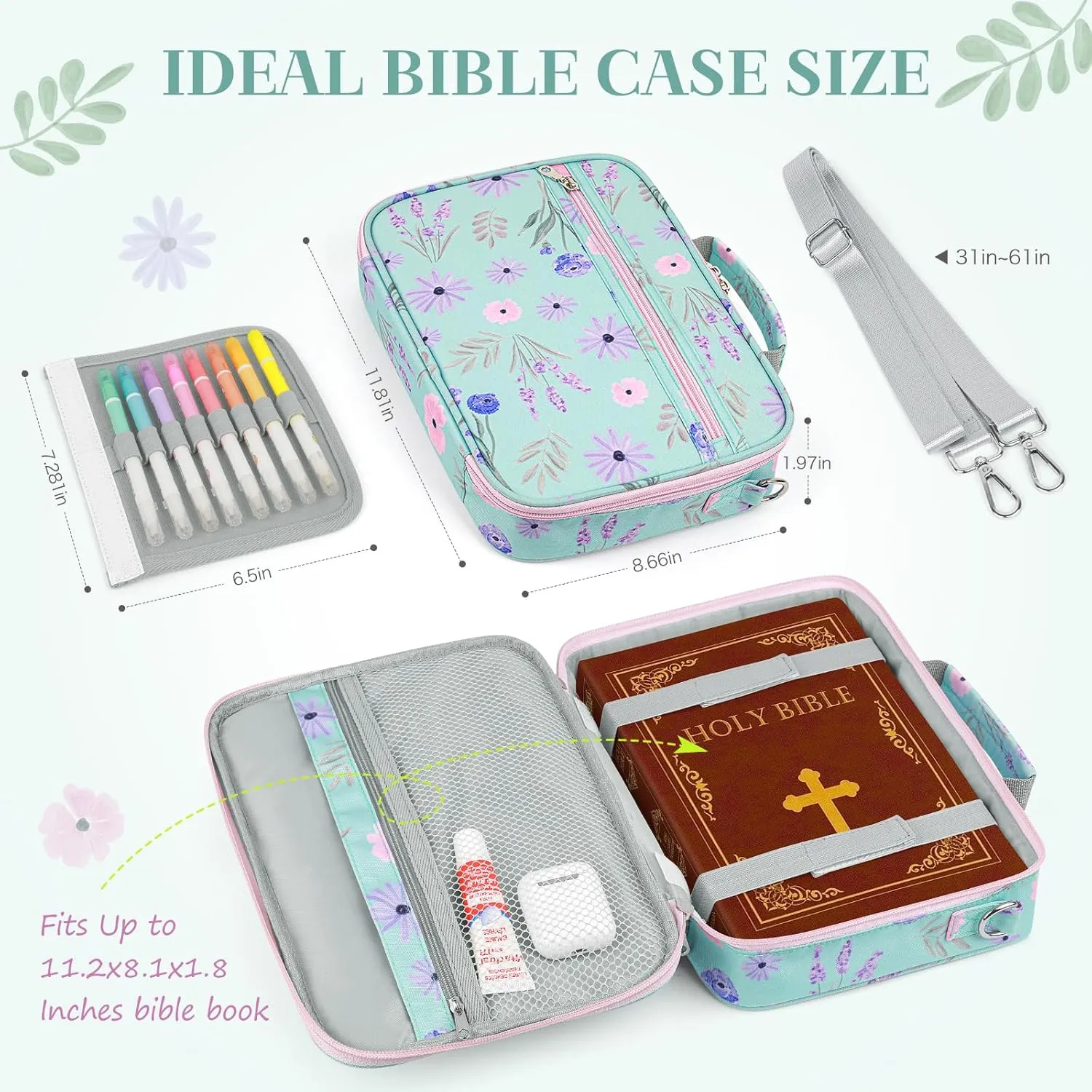 Printed Bible Cover Case - Zipper Bible Holder for Women, Protective Carrying Church Bag with Handle and Shoulder Strap, Fits Up to 11.2 x 8.1 x 1.8 Inches (Lake Blue, 11.81 inch*8.66 inch*1.97 inch)