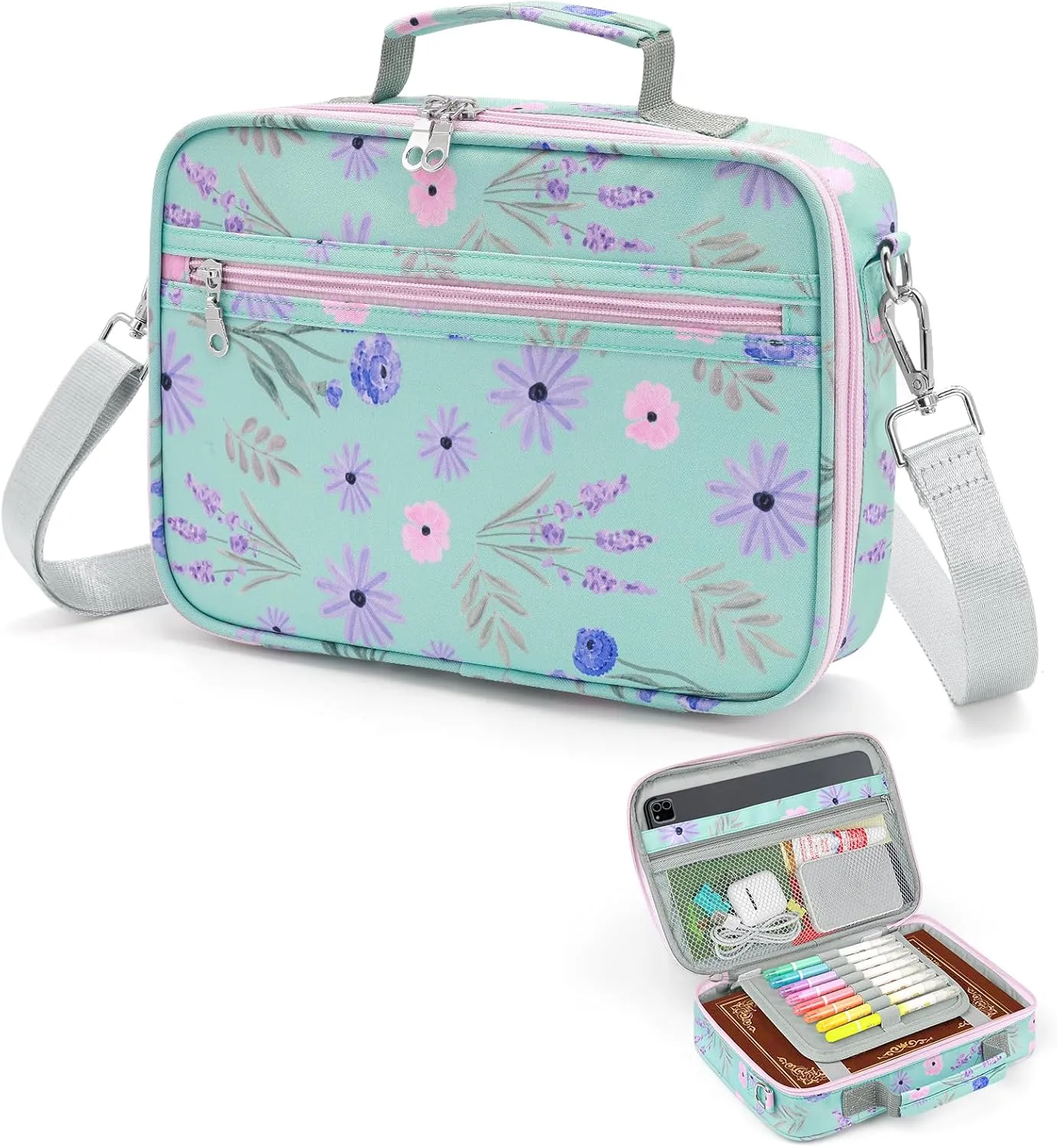 Printed Bible Cover Case - Zipper Bible Holder for Women, Protective Carrying Church Bag with Handle and Shoulder Strap, Fits Up to 11.2 x 8.1 x 1.8 Inches (Lake Blue, 11.81 inch*8.66 inch*1.97 inch)
