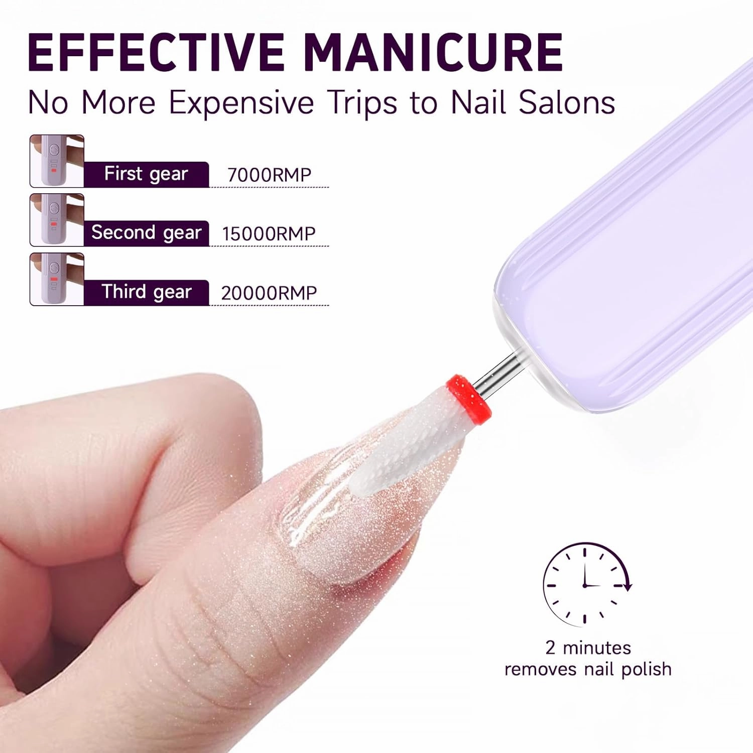 Professional Nail Drill Set, 2,0000 RPM Electric Nail File with 12 Grinding Head & 100Pcs Sanding Bands for Acrylic Gel Nails, Manicure and Polishing (Light Purple)
