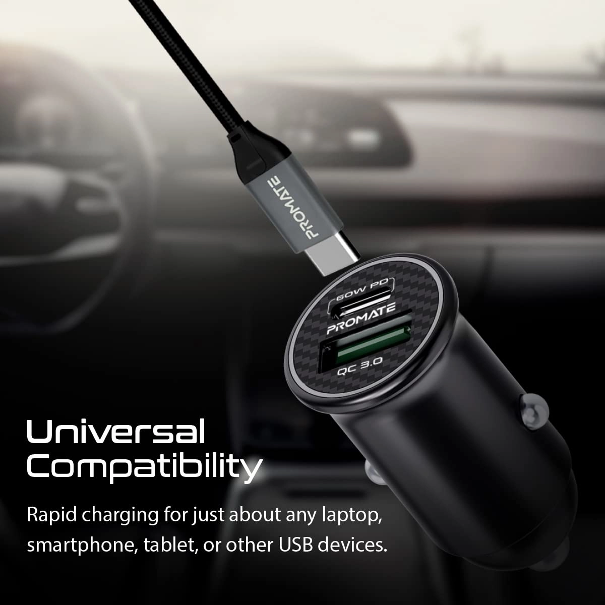 Promate Bullet-PD60 RapidCharge™ Mini Car Charger with 60W Power Delivery & Quick Charge 3.0 - Charge Laptop
