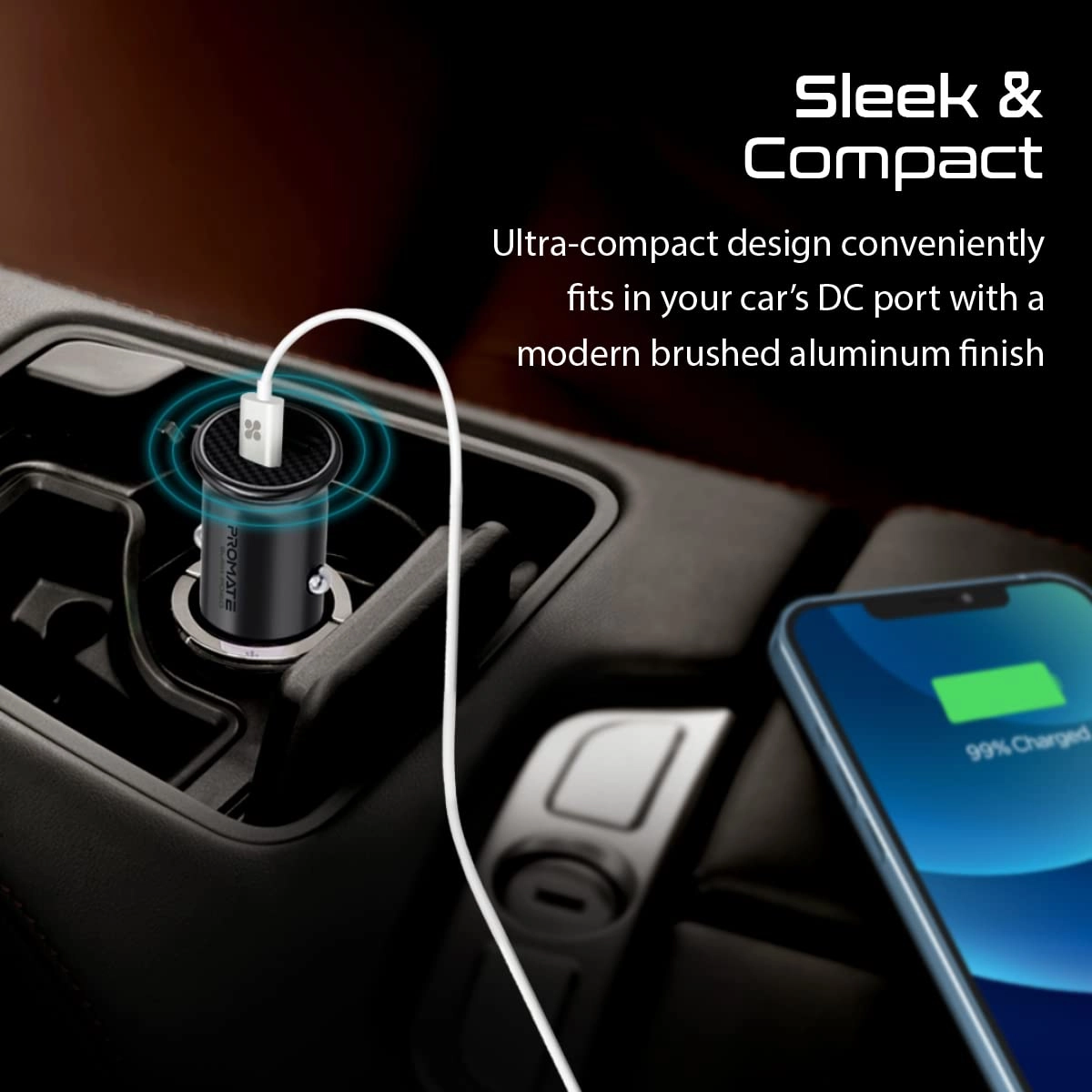 Promate Bullet-PD60 RapidCharge™ Mini Car Charger with 60W Power Delivery & Quick Charge 3.0 - Charge Laptop