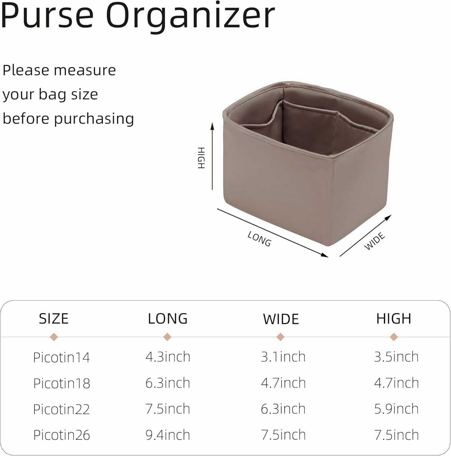 Purse Organizer for Picotin 18/22,Silky Smooth Insert,Lightweight Inside Bag,Luxury Handbag Storage(Picotin 22,Etoupe Grey)