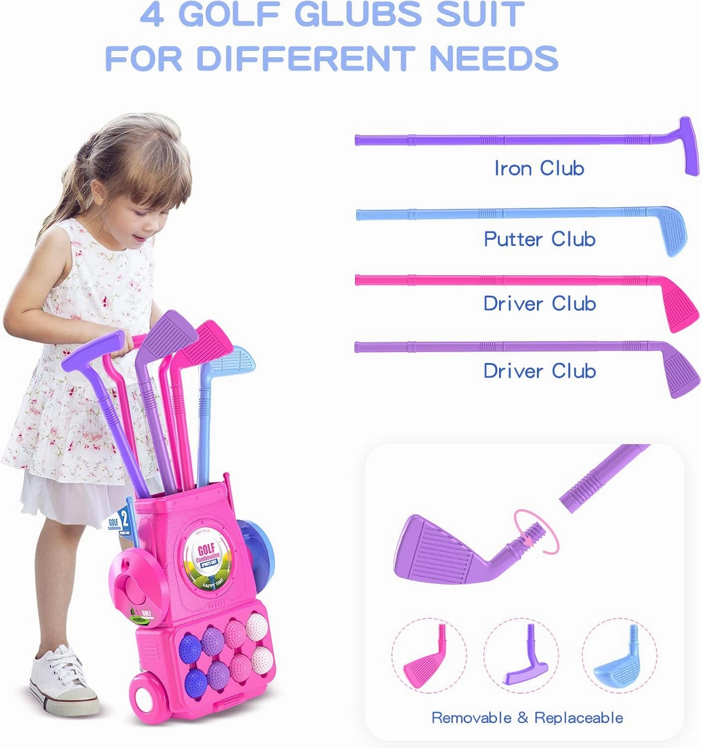 QDRAGON Kids Toddler Golf Clubs Set with 8 Balls, Putting Mat, 4 Golf Sticks, 2 Practice Holes and Golf Cart with Wheels, Indoor Outdoor Sport Toys Gift for Girls Ages 3 4 5 , Pink