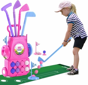 QDRAGON Kids Toddler Golf Clubs Set with 8 Balls, Putting Mat, 4 Golf Sticks, 2 Practice Holes and Golf Cart with Wheels, Indoor Outdoor Sport Toys Gift for Girls Ages 3 4 5 , Pink