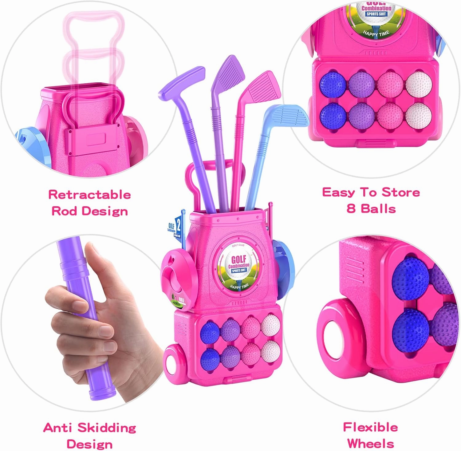 QDRAGON Kids Toddler Golf Clubs Set with 8 Balls, Putting Mat, 4 Golf Sticks, 2 Practice Holes and Golf Cart with Wheels, Indoor Outdoor Sport Toys Gift for Girls Ages 3 4 5 , Pink