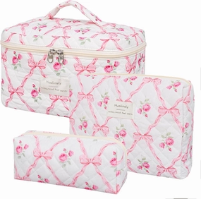 Quilted Makeup Bag Set ， 3 PCS Cute Cotton Cosmetic Bag Set, Flower Bow Travel Toiletry Organizer Bags ，Large Coquette Aesthetic Make Up Cosmetic Bag For Women (red-flower)