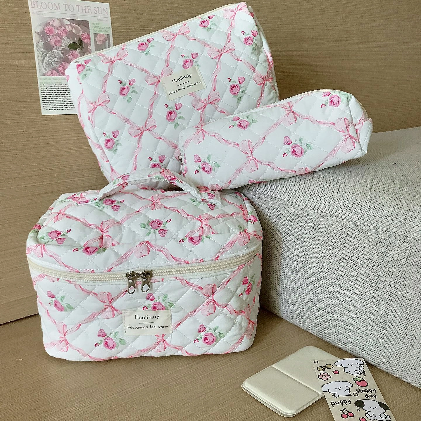 Quilted Makeup Bag Set ， 3 PCS Cute Cotton Cosmetic Bag Set, Flower Bow Travel Toiletry Organizer Bags ，Large Coquette Aesthetic Make Up Cosmetic Bag For Women (red-flower)