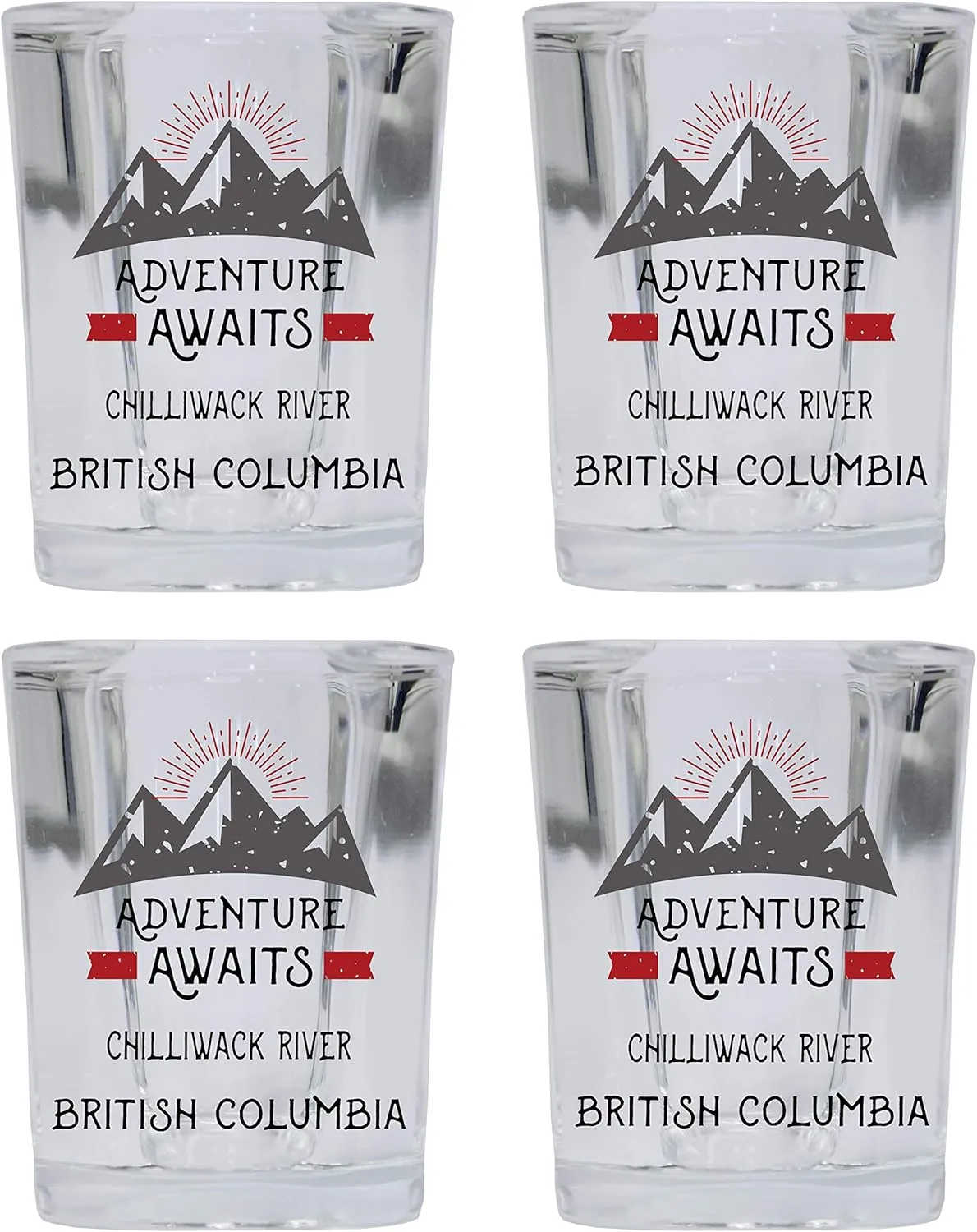 R and R Imports Chilliwack River British Columbia Souvenir 2 Ounce Square Base Liquor Shot Glass Adventure Awaits Design 4-Pack