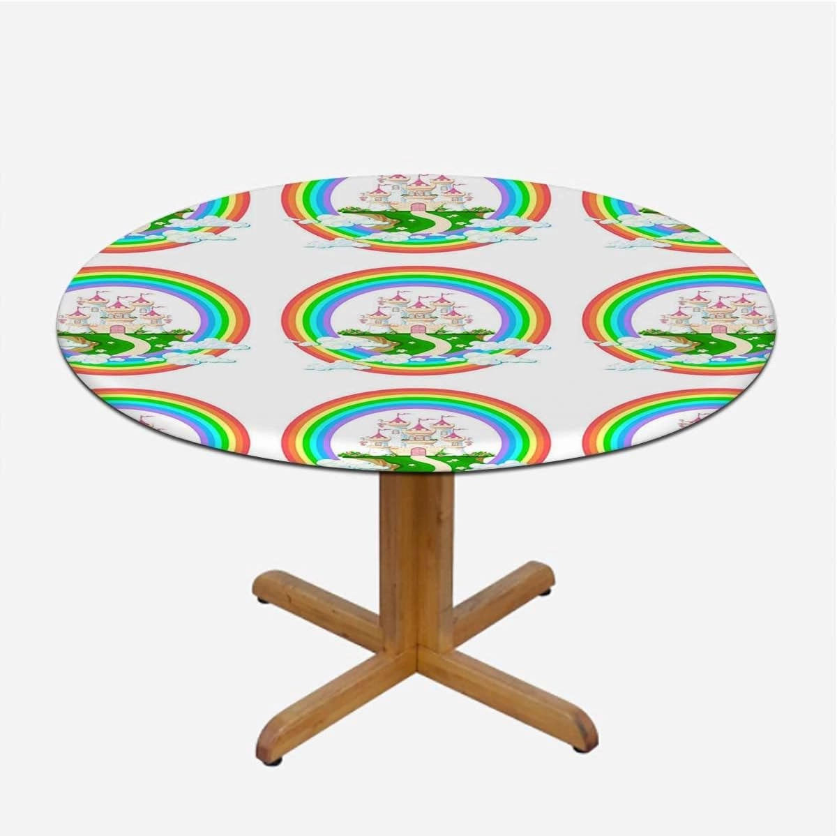 Rainbow Colors Round Tablecloth with Elastic Edge Artistic Colorful Rainbow Wave Stars Flowers Fitted Round Tablecloth with Elastic Edge Spill Oil-Proof Waterproof Fits up 45"-50" Diameter