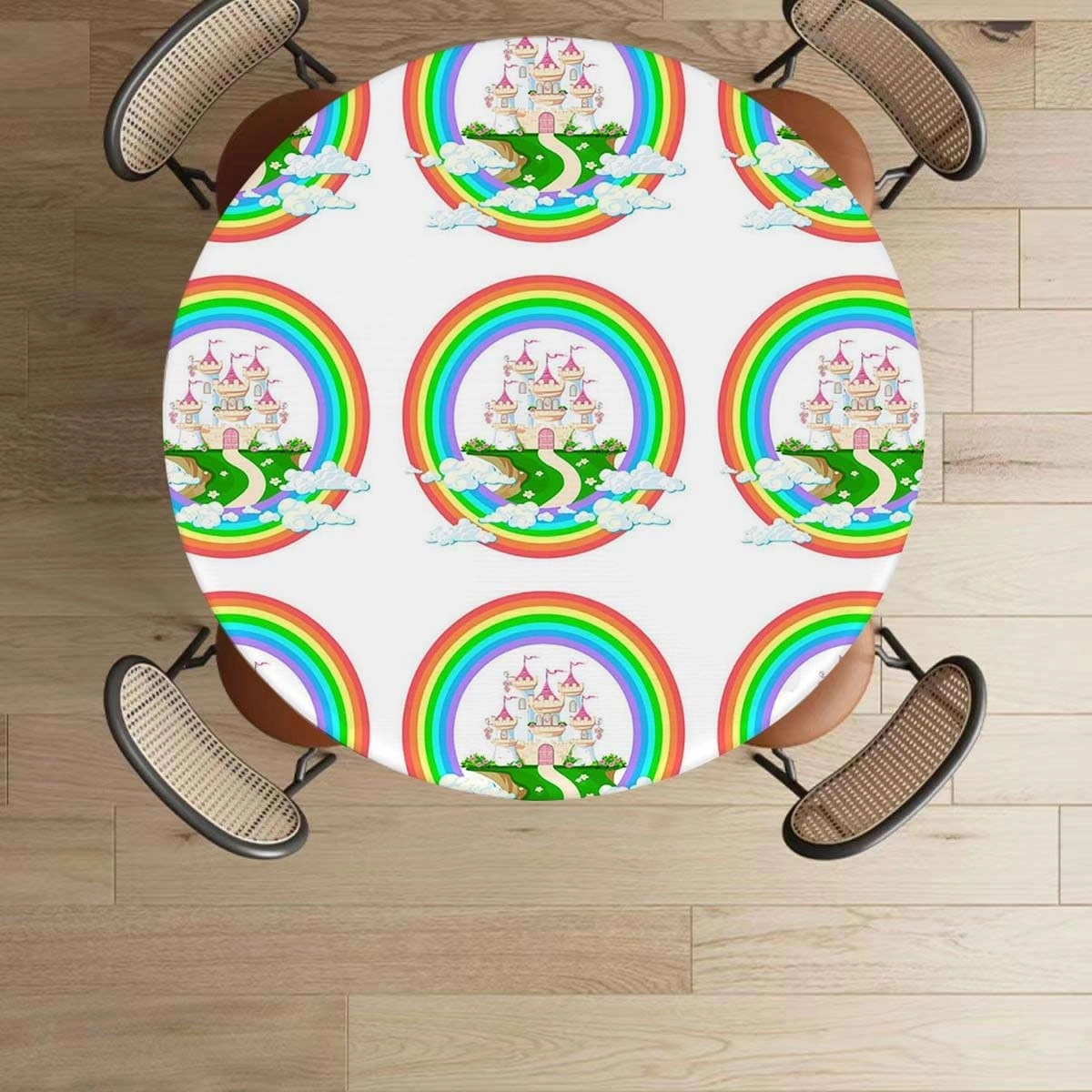Rainbow Colors Round Tablecloth with Elastic Edge Artistic Colorful Rainbow Wave Stars Flowers Fitted Round Tablecloth with Elastic Edge Spill Oil-Proof Waterproof Fits up 45"-50" Diameter