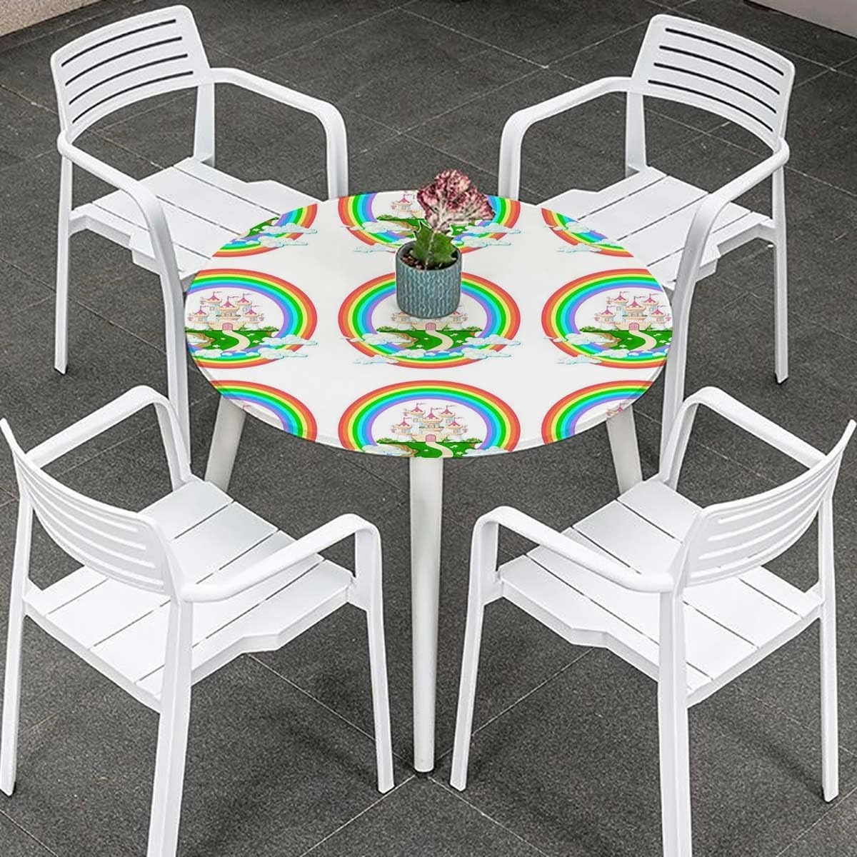 Rainbow Colors Round Tablecloth with Elastic Edge Artistic Colorful Rainbow Wave Stars Flowers Fitted Round Tablecloth with Elastic Edge Spill Oil-Proof Waterproof Fits up 45"-50" Diameter