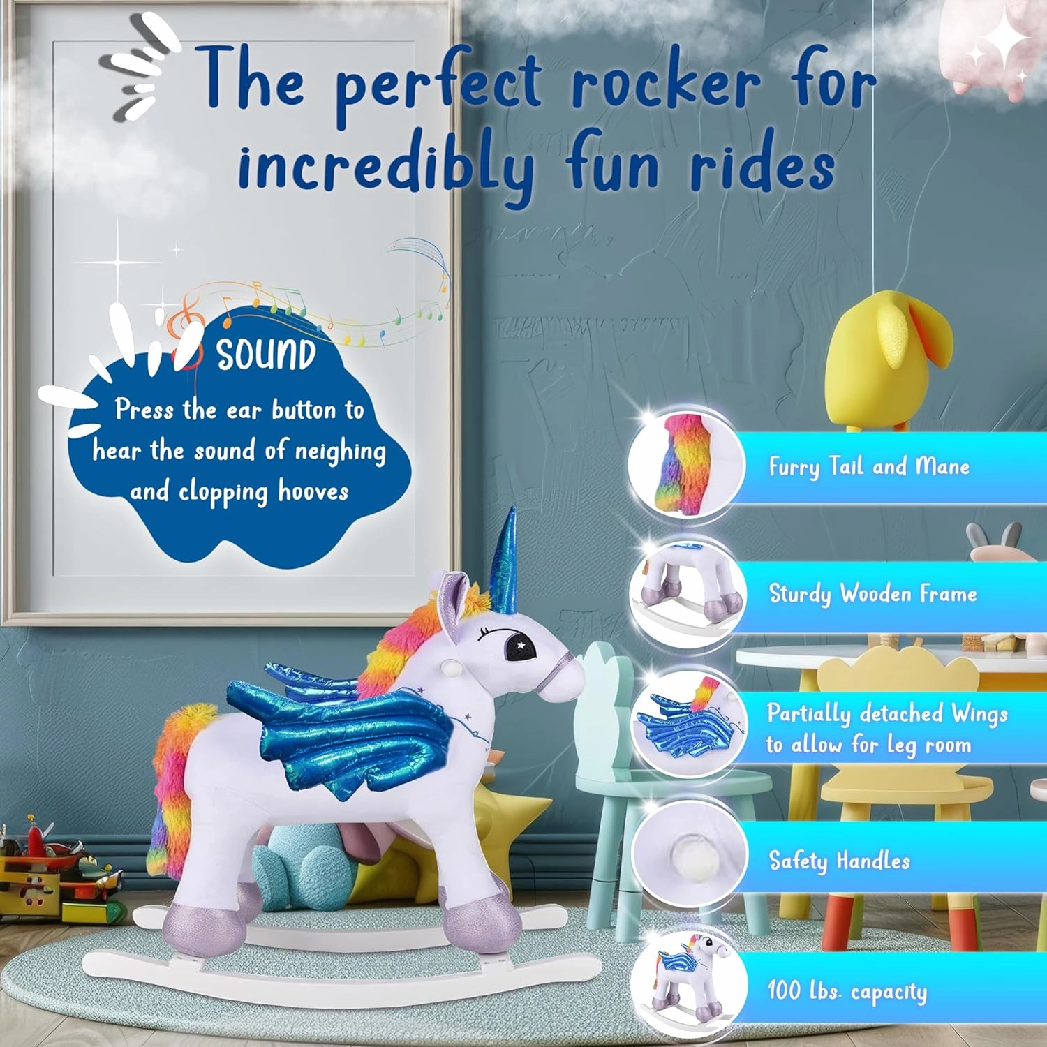 Rainbow Pegacorn Rocker Ride On Toy, Stuffed Animal Rockers for 18 Month   Infants and Toddlers, Forest & Twelfth Stuffed Rocking Animal Child Rocking Toy with Sound (Pegacorn)
