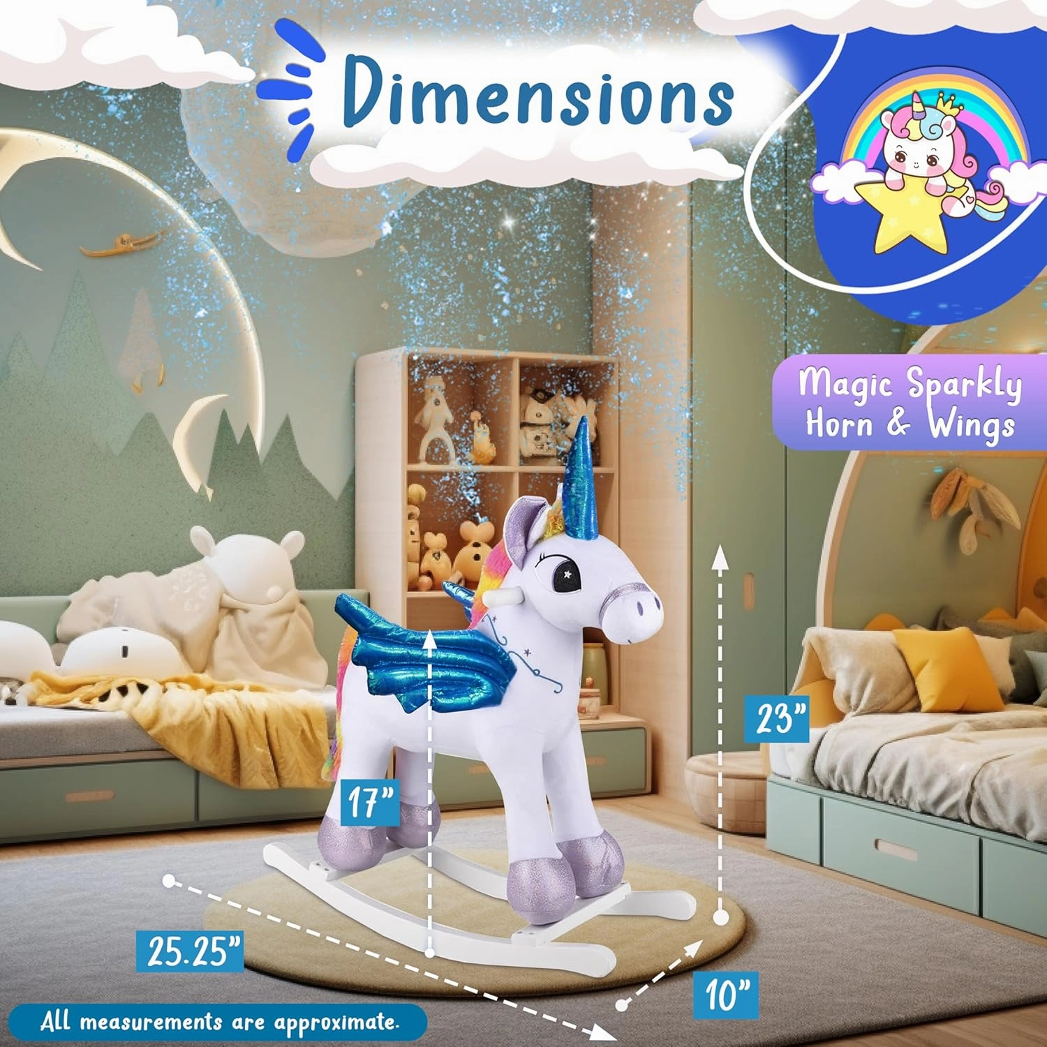 Rainbow Pegacorn Rocker Ride On Toy, Stuffed Animal Rockers for 18 Month   Infants and Toddlers, Forest & Twelfth Stuffed Rocking Animal Child Rocking Toy with Sound (Pegacorn)