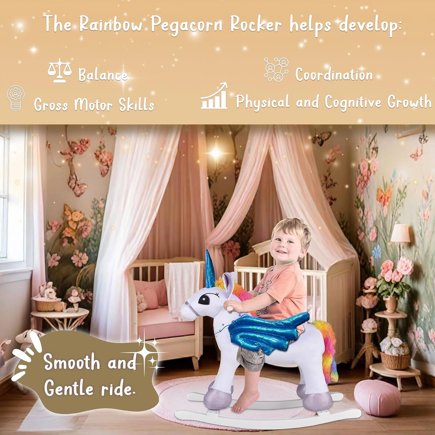 Rainbow Pegacorn Rocker Ride On Toy, Stuffed Animal Rockers for 18 Month   Infants and Toddlers, Forest & Twelfth Stuffed Rocking Animal Child Rocking Toy with Sound (Pegacorn)